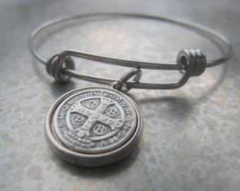 Saint Benedict Coin Bangle, Stainless Steel Religious Bracelet