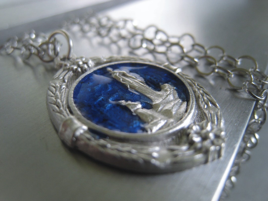 Our Lady of Lourdes Necklace, Blue Enamel Italian Medal - Etsy