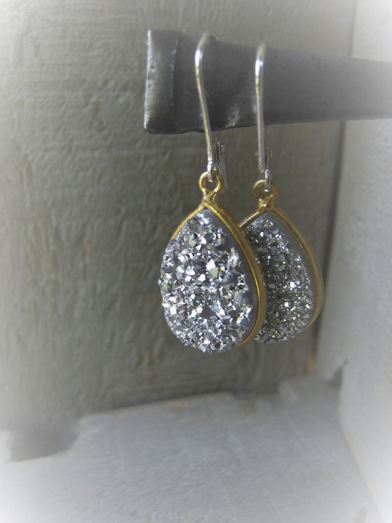 Silver Druzy Earrings Statement Earrings Teardrop Earrings Two Tone Earrings Sterling Earrings Item No JE2198