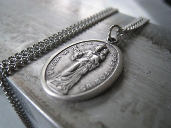 Our Lady Queen of Peace Pendant Necklace, Stainless Steel Chain