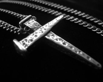 Sterling Silver Nail Cross Necklace Unisex Mens Spiritual Inspirational Faith Jewelry Biker Cross Item No. JE5914
