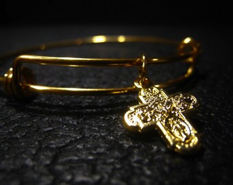 18K Gold Stainless Steel Five Way Cross Charm Bracelet Adjustable Bangle  Religious Jewelry Spiritual Bracelet Item No. JE2387