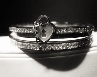 CZ Diamond Stainless Steel Cuff Bracelet Set, Mother of Pearl Heart