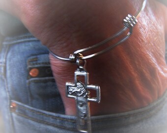 Face of Christ Cross Bangle, Oxidized Sterling Silver Alloy