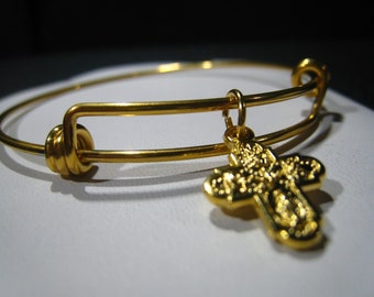 18K Gold Stainless Steel Cross Bangle Bracelet - Religious Jewelry