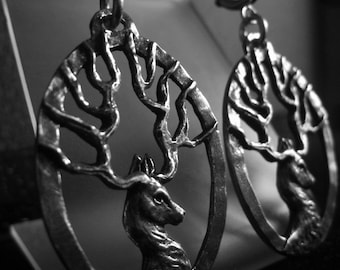 Silver Stag Earrings, Pewter Dangle, Sterling Silver Posts