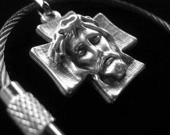 Silver Cross Keychain Face of Christ Spiritual Gift Inspirational Mens Keychain  KEY0058