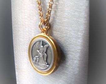 Two-Tone Guardian Angel & St. Michael Pendant Necklace, Religious Jewelry
