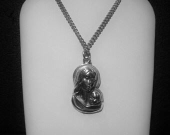 Silver Mother and Child Pendant Necklace, Stainless Steel Chain