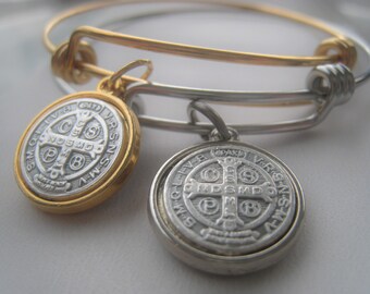 Saint Benedict Coin Bracelet, 18K Gold Stainless Steel Bangle