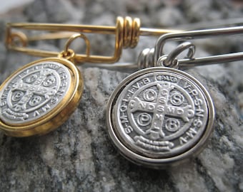 Saint Benedict Coin Bangle Bracelet, 18K Gold Stainless Steel Adjustable Charm