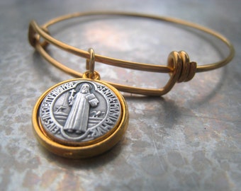 Saint Benedict Coin Bracelet, 18K Gold Stainless Bangle