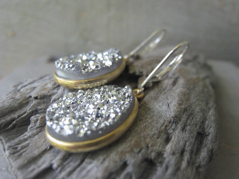 Silver Druzy Earrings Statement Earrings Teardrop Earrings Two Tone Earrings Sterling Earrings Item No JE2198