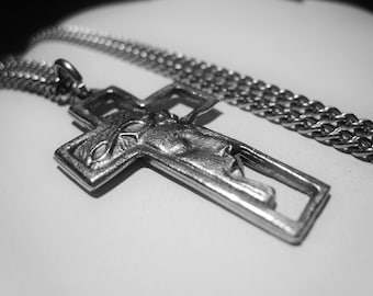 Jesus Christ Face Cross Pendant Necklace, Sterling Alloy Silver Finish