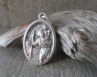 Patron Saint Christopher Guardian Angel Silver Medal Bracelet Oxidized Silver Religious Pendant Charm Item No. 0732-33