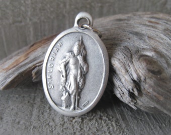 Patron Saint Florian Silver Medal Bracelet Oxidized Silver Religious Pendant Charm Item No. 0716