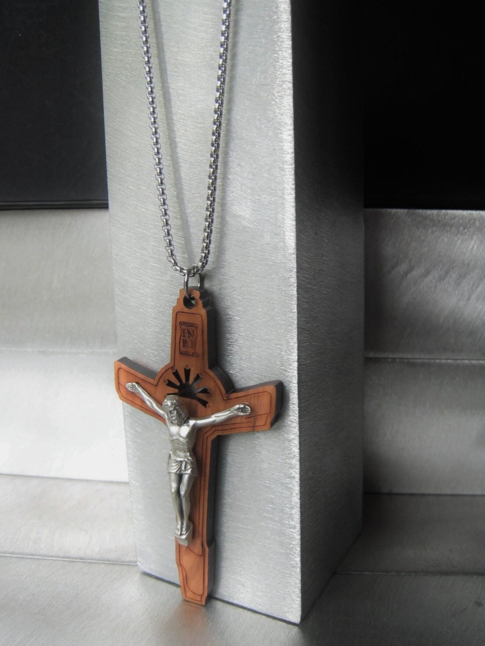 Wood Crucifix Pendant Necklace Silver Cross Necklace Religious Etsy