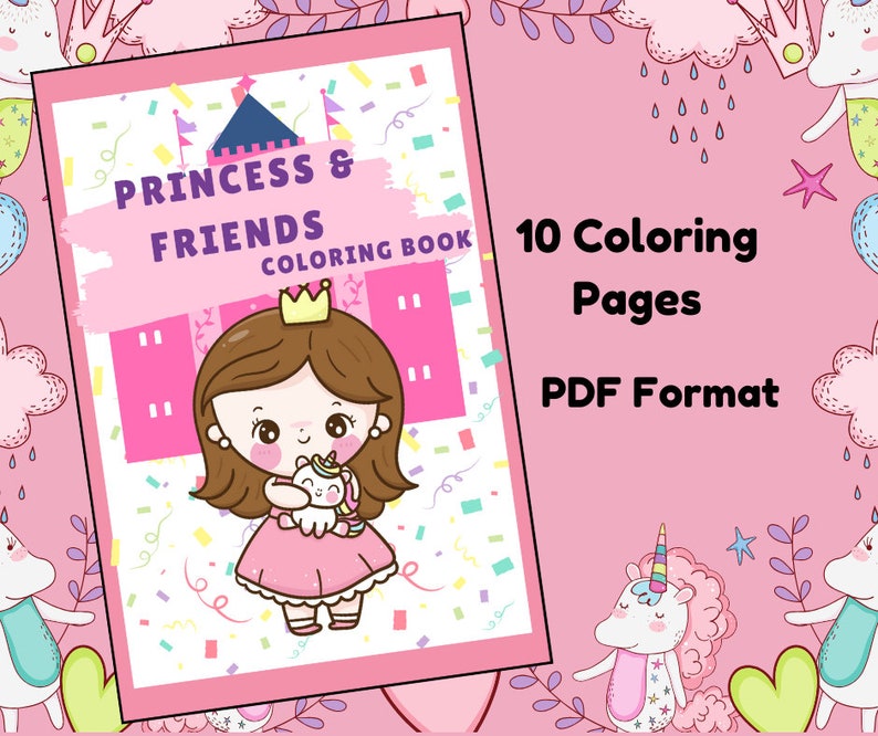 Combo 10 Coloring Pages PDF Princess & Friends FREE Book Cover2 Etsy