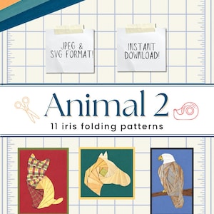 Könnte beinhalten: Eine digitale Sammlung von 11 Iris-Faltmustern mit dem Titel Animal 2, in JPEG- und SVG-Formaten. Die Grafik zeigt drei Beispiele: eine Katze, ein Pferd und einen Adler, neben Symbolen für Schere und Klebeband auf einem Rasterhintergrund.