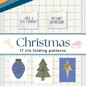 Puede incluir: Una colección digital de 17 patrones de plegado iris navideños con una bombilla azul, un árbol verde con puntos y una estrella dorada. El gráfico incluye el texto JPEG & SVG FORMAT!, INSTANT DOWNLOAD! y Christmas 17 iris folding patterns.