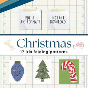 May include: A digital collection of 17 Christmas iris folding patterns featuring text that reads PDF & JPG FORMAT! INSTANT DOWNLOAD! Christmas 17 iris folding patterns. Includes illustrations of a light bulb, a tree, and a candy cane.