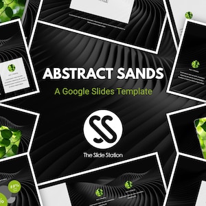 以下が含まれることがあります： 「Abstract Sands」というタイトルのGoogleスライドテンプレートで、2つの「S」が重なり合ったロゴがあります。テンプレートは、波打つ抽象的な背景に黒と緑の配色を使用しています。「The Slide Station」というテキストはロゴの下にあります。