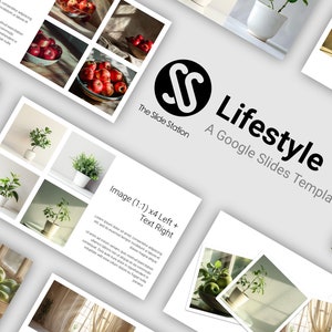 Peut inclure: Un modèle de diapositives Google intitulé "Lifestyle" avec un logo noir et blanc de la lettre "S" dans un cercle. Le modèle présente une variété d'images, notamment des plantes, des fruits et une fenêtre avec des rideaux.