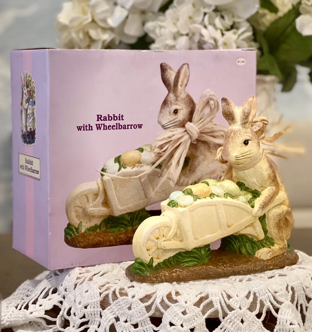 Vintage Cracker Barrel Bunny Rabbit With Wheelbarrow Egg Statue ...