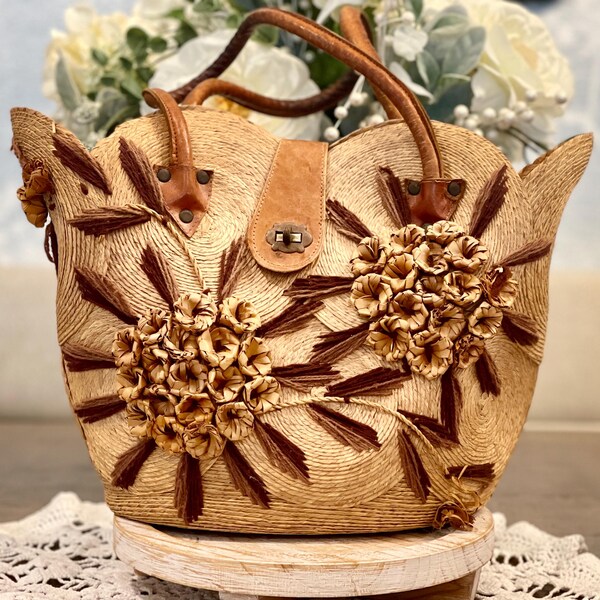 Vintage 1970s Woven Tote Purse With Leather Accents Flowers