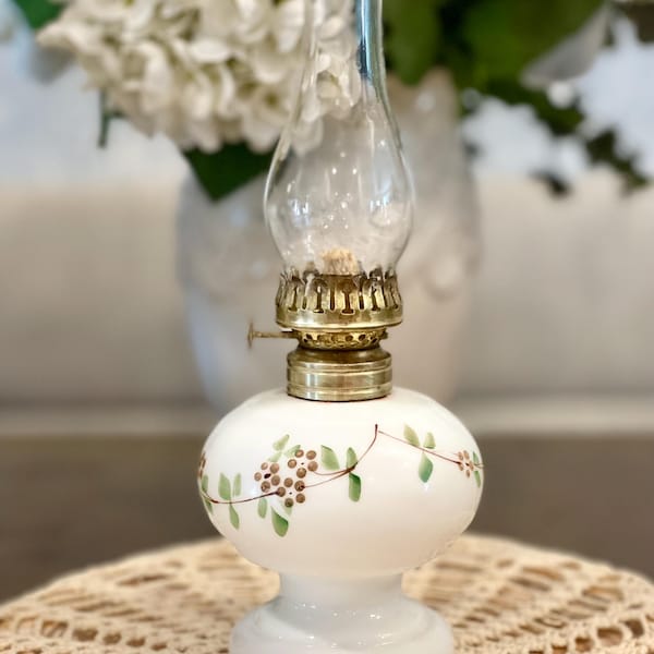 Antique Miniature Oil Lamp Milk Glass Handpainted Floral Plume & Atwood Brass