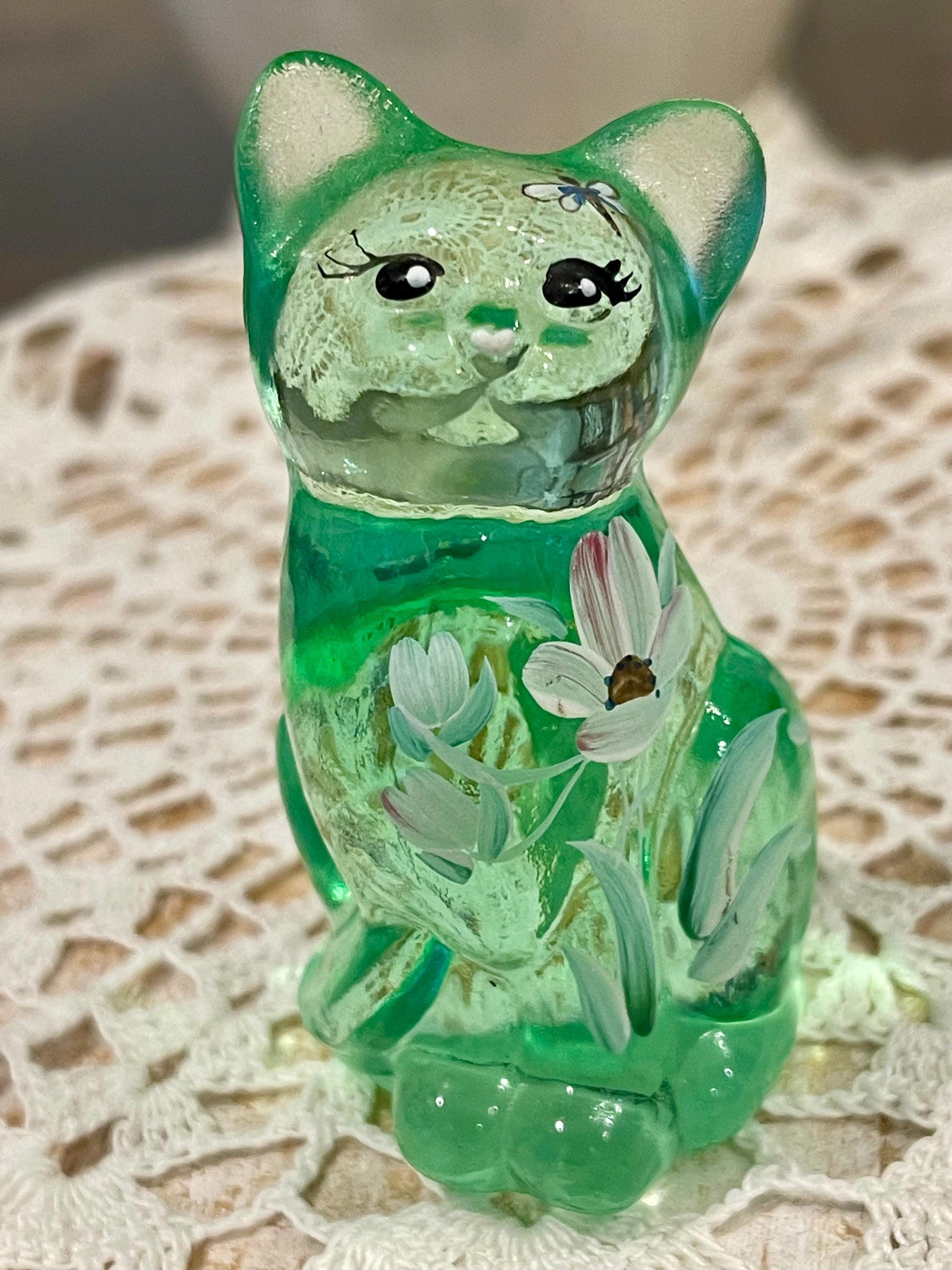 FENTON 花柄 CAT キャット 猫 フェントン ブルーガラス 置物 2匹セット フェントン ガラス 猫 キャット