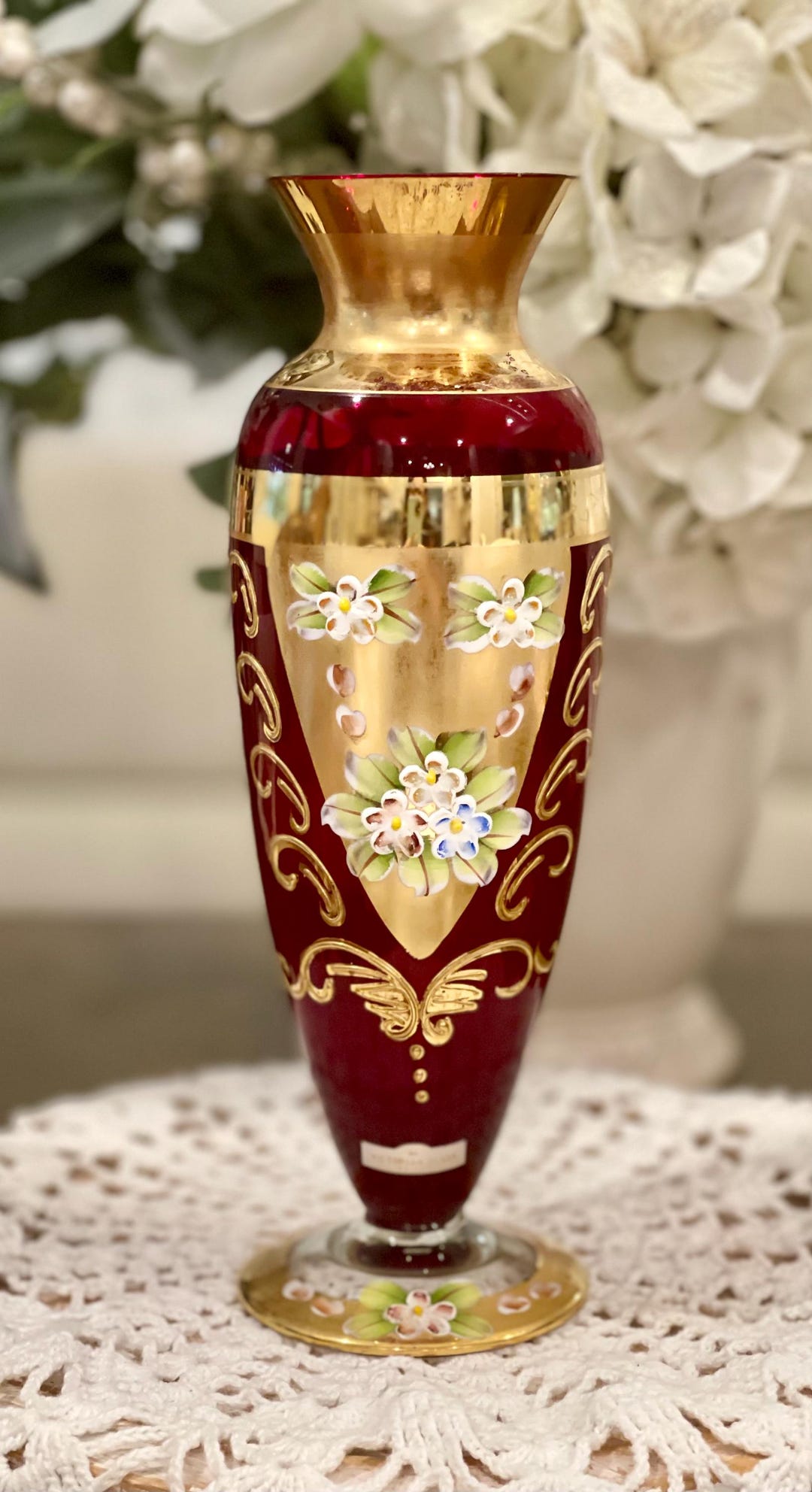 Vtg Victorian Ruby Red Glass Vase Floral 24K Gold Enamel Seyei Japan - Etsy