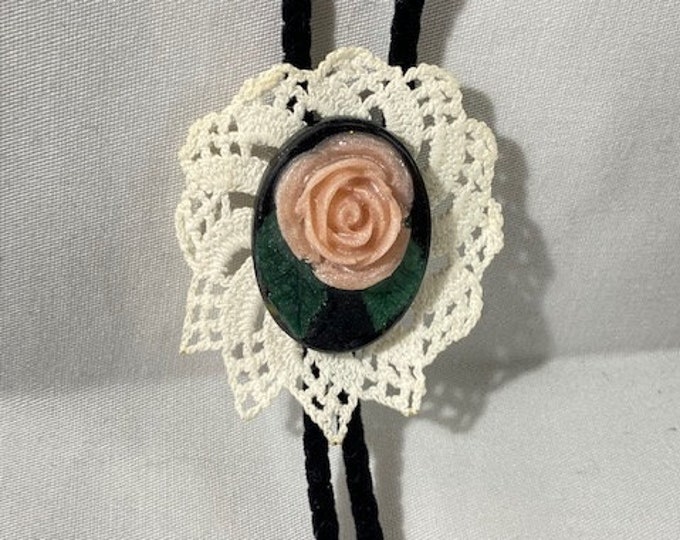 Rose and Vintage Doily Western Bolo Tie