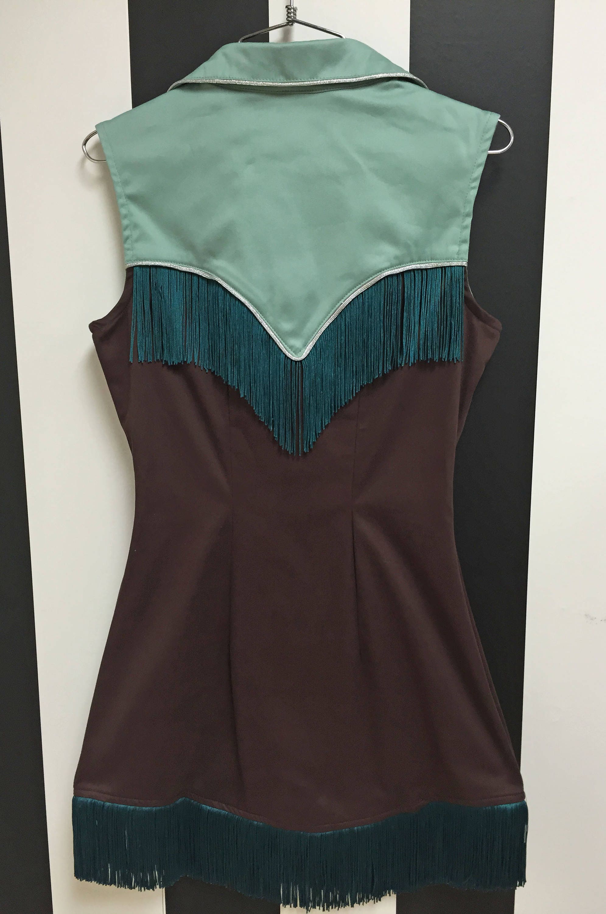 XS Riley Western Fringe Dress Brown/Sage Green with Teal Fringe