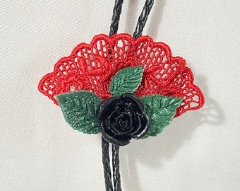 Black Rose and Leaves on Embroidered Doily Western Bolo Tie