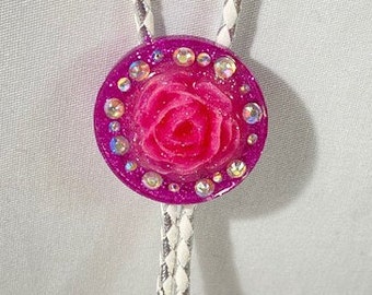 Pink Glitter Rose and Rhinestone Western Bolo Tie