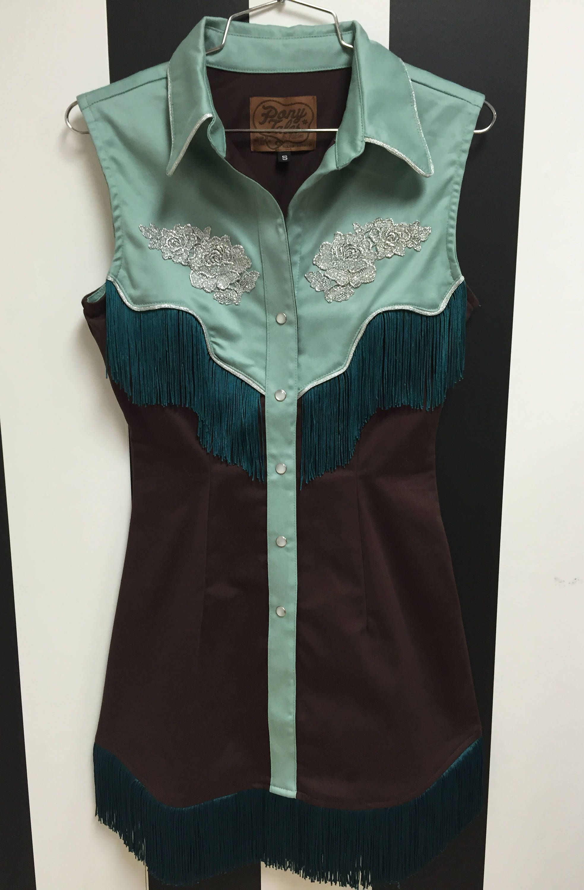 XS Riley Western Fringe Dress Brown/Sage Green with Teal Fringe XS Riley Western Fringe Dress Brown/Sage Green with Teal Fringe