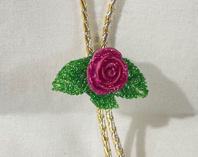 Pink Glitter Rose and Leaves Western Bolo Tie