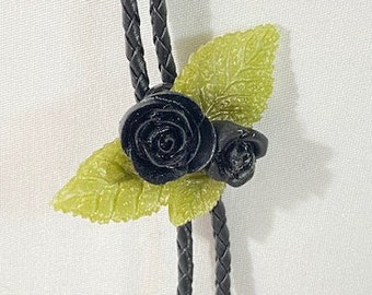 Black Rose and Leaves Western Bolo Tie