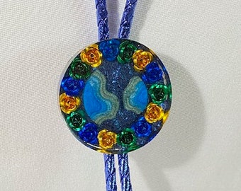 Multicolored Layered Blue Landscape and Roses Western Bolo Tie