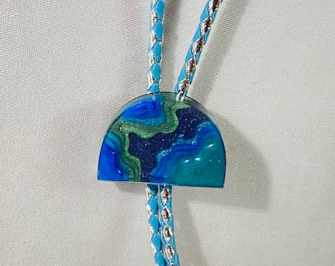 Multicolored Layered Blue Landscape and Leather Western Bolo Tie