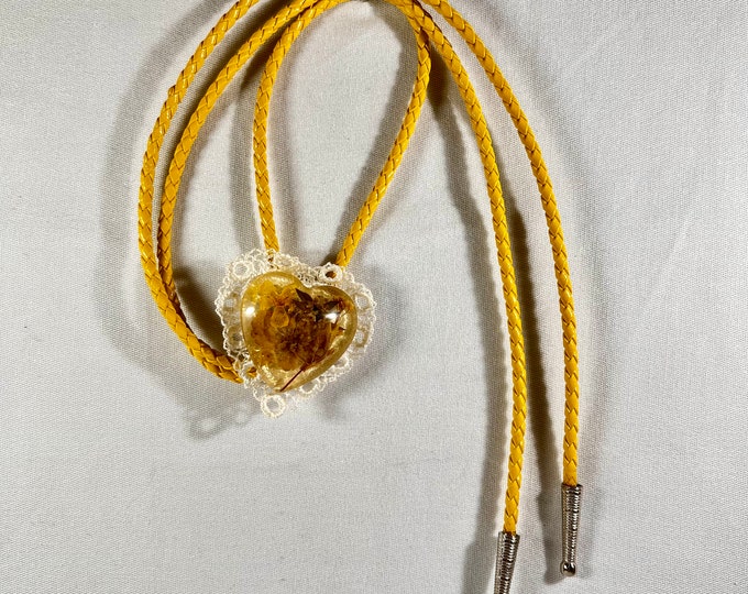 Dried Wildflower and Heart with Embroidered Doily Western Bolo Tie