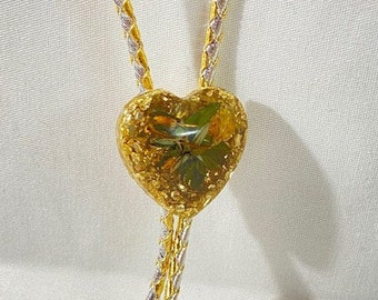 Floral and Gold Glitter Heart Pendant Western Bolo Tie