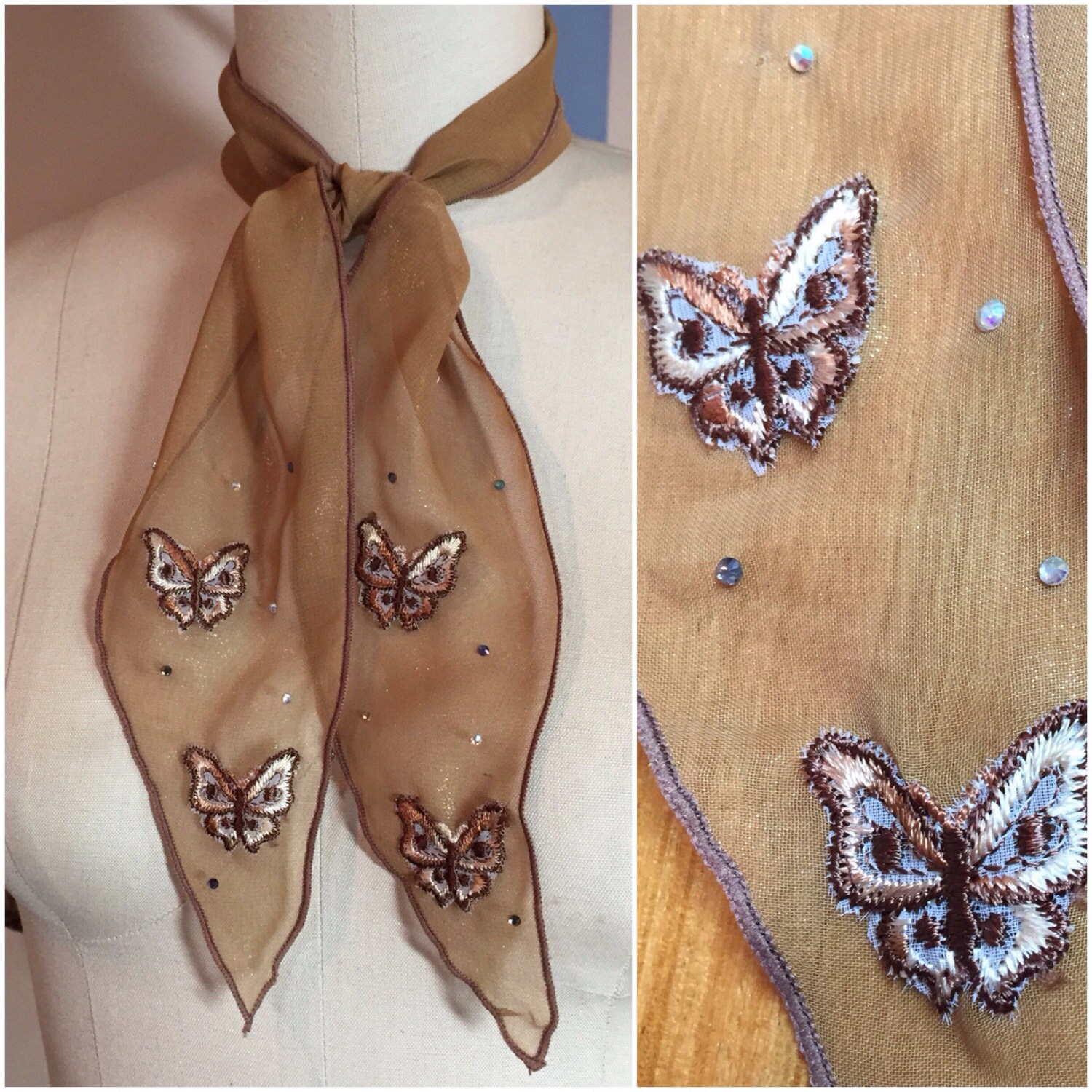 Metallic Gold Western Scarf with Embroidered Butterfly Appliques and Rhinestones