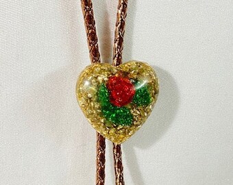 Metallic Gold Heart with Glitter Red Rose Western Bolo Tie