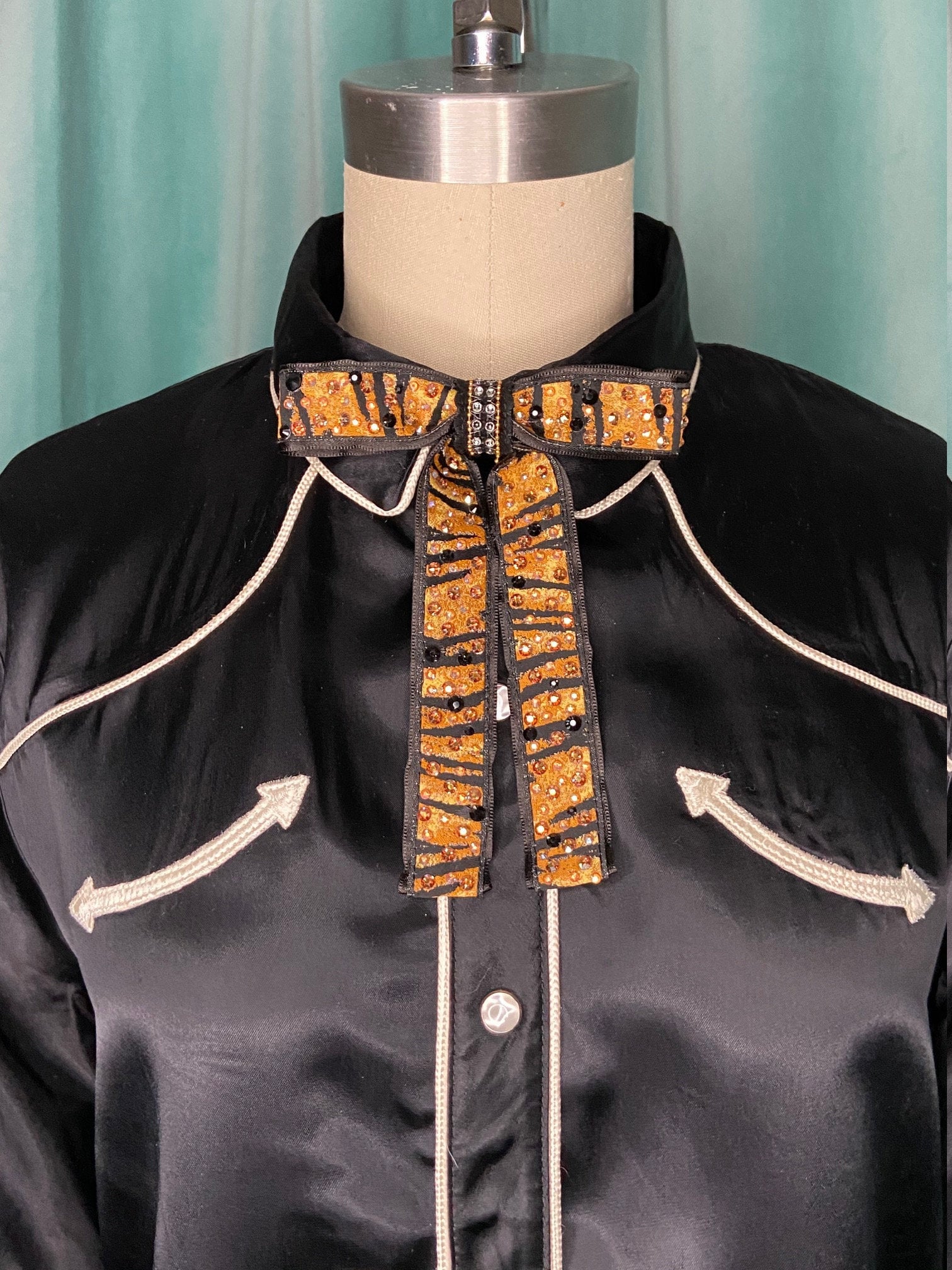 Tiger Print Rhinestone and Velvet Western Clip On Colonel Tie