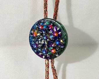 Iridescent Metallic Floral Sequin Western Bolo Tie