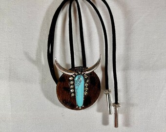 Silver & Turquoise Steer Head Western Bolo Tie