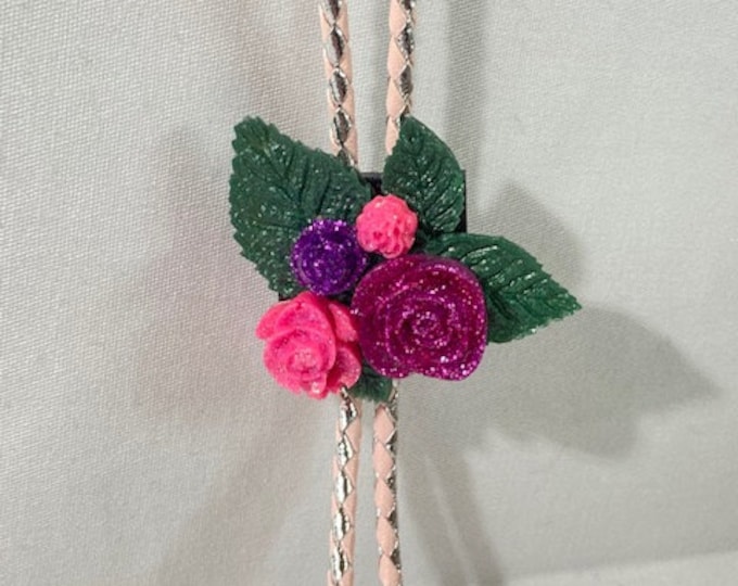 Multi Colored Glitter Roses and Leaves Western Bolo Tie