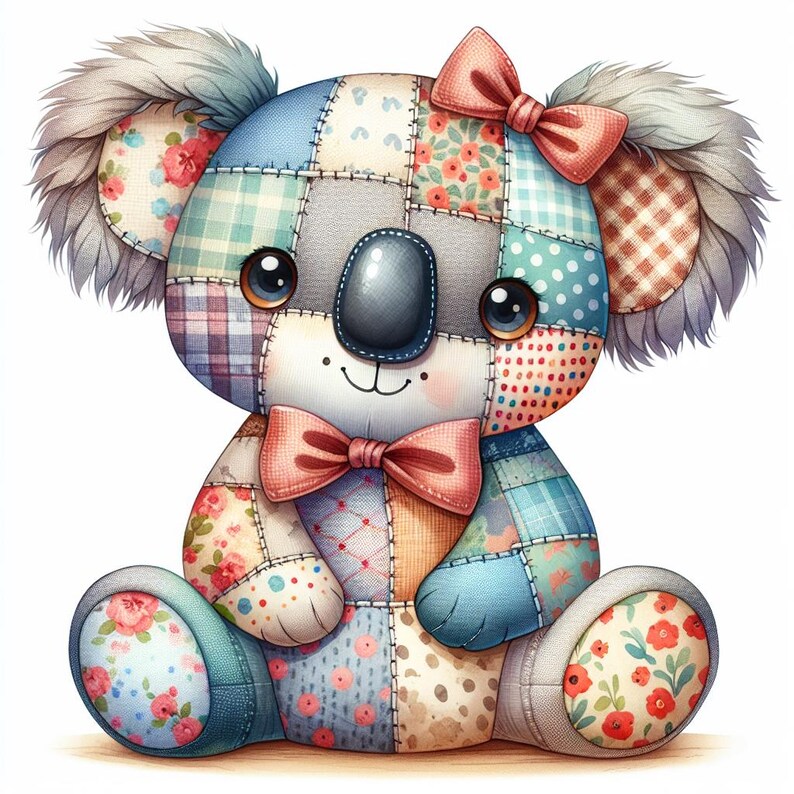 Op de afbeelding: Een patchwork koala beer knuffel met een roze strik op zijn hoofd en een andere om zijn nek. Het lichaam van de koala is gemaakt van verschillende stofpatronen, waaronder bloemen-, stippen- en ruitontwerpen. Het speelgoed heeft grote, expressieve ogen en pluizige oren.